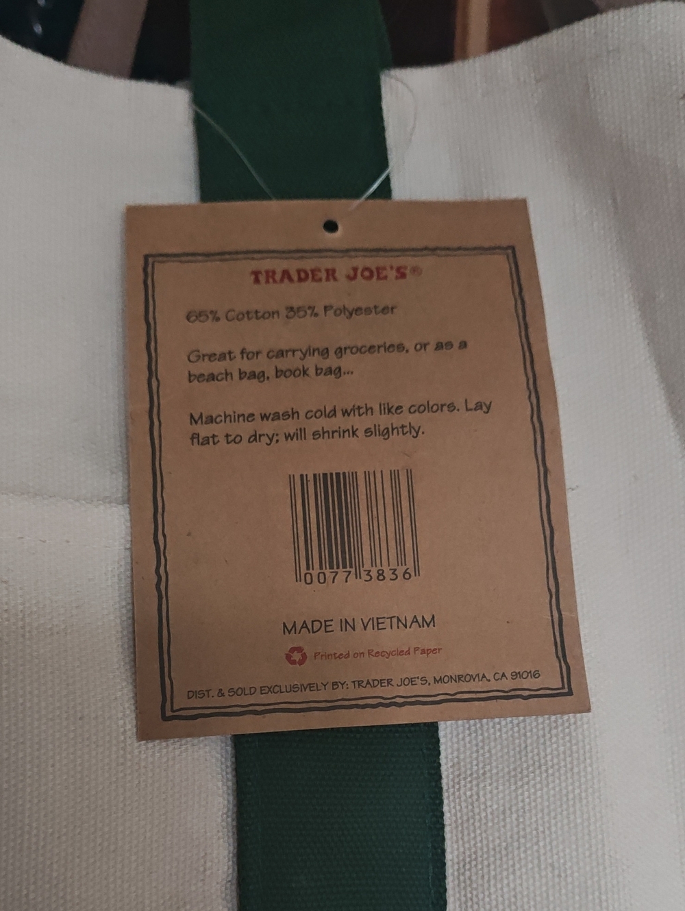 LIMITED EDITION Trader Joe's Canvas Tote Bag in White with Green Strap NWT!!!